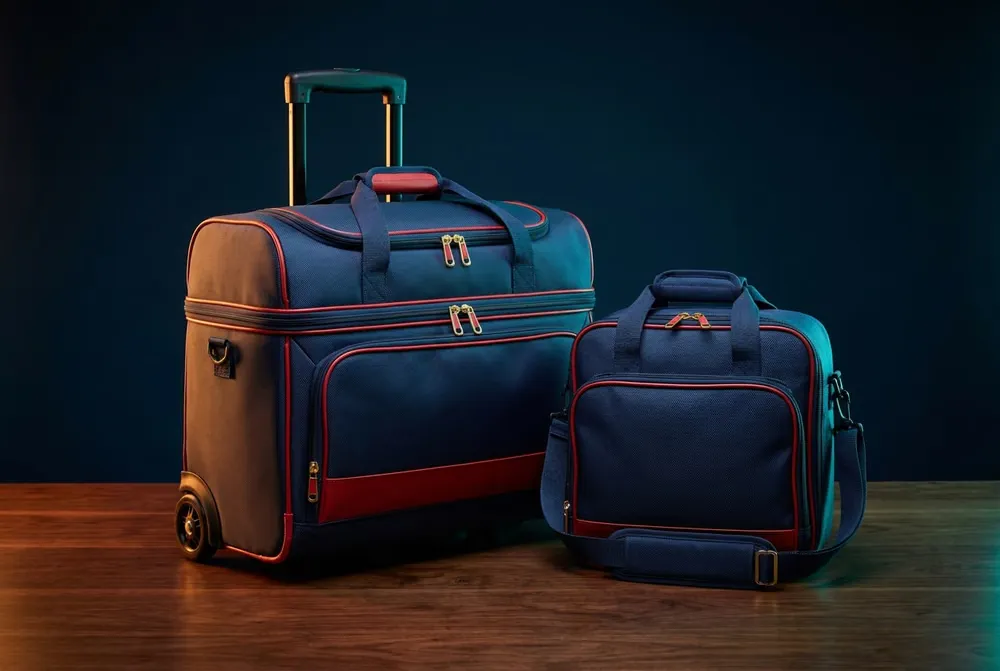 A navy and red roller bag and tote for carrying bowling gear