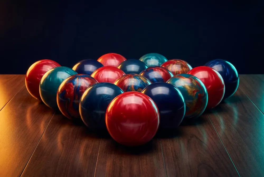 A cluster of glossy red and navy five-pin bowling balls on a polished lane