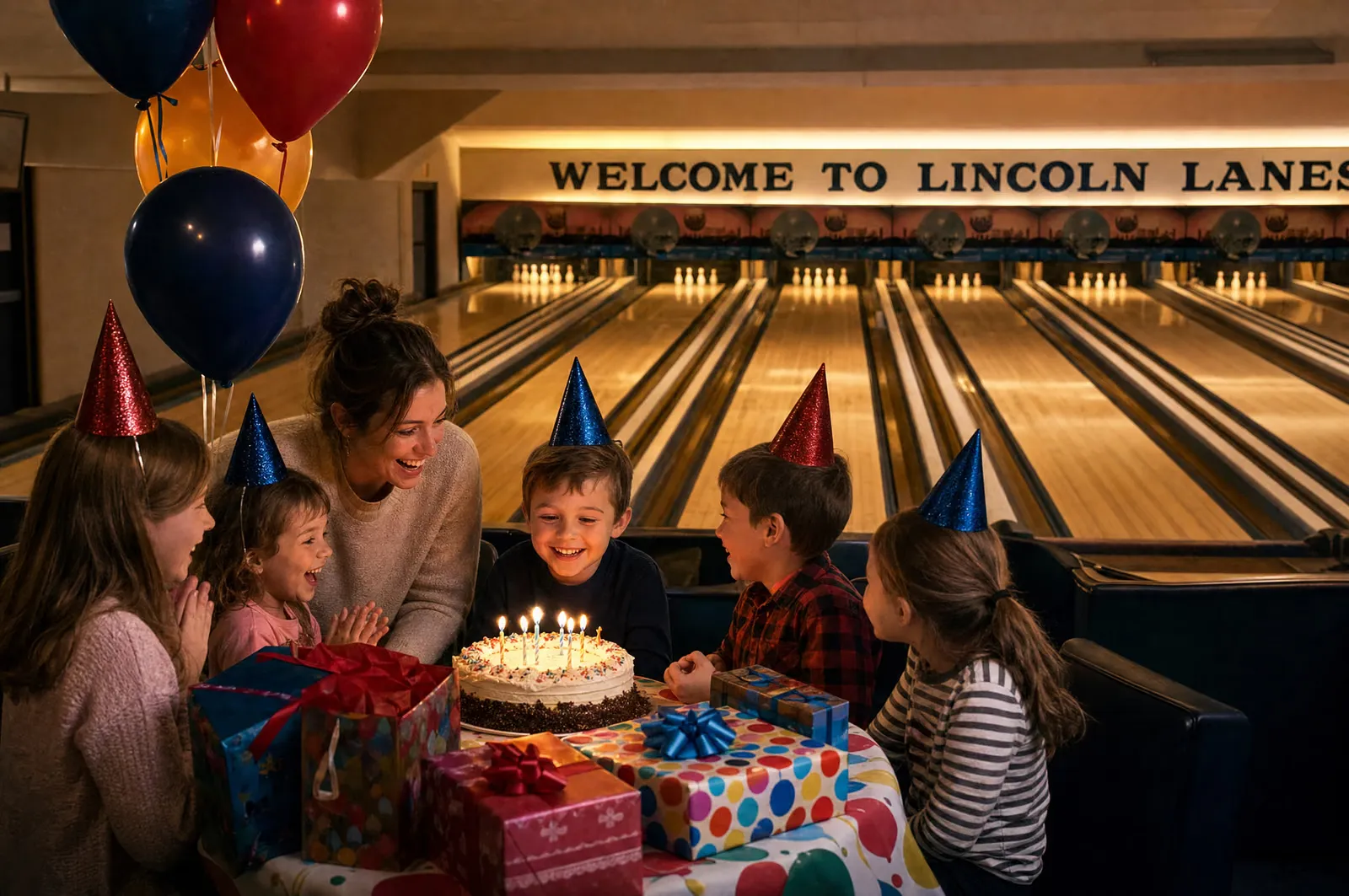 A children’s birthday party with balloons and a cake beside the lanes at Lincoln Lanes