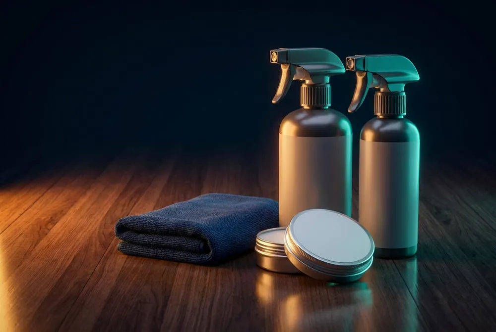 Bowling ball cleaner sprays, a polish tin and a microfiber cloth