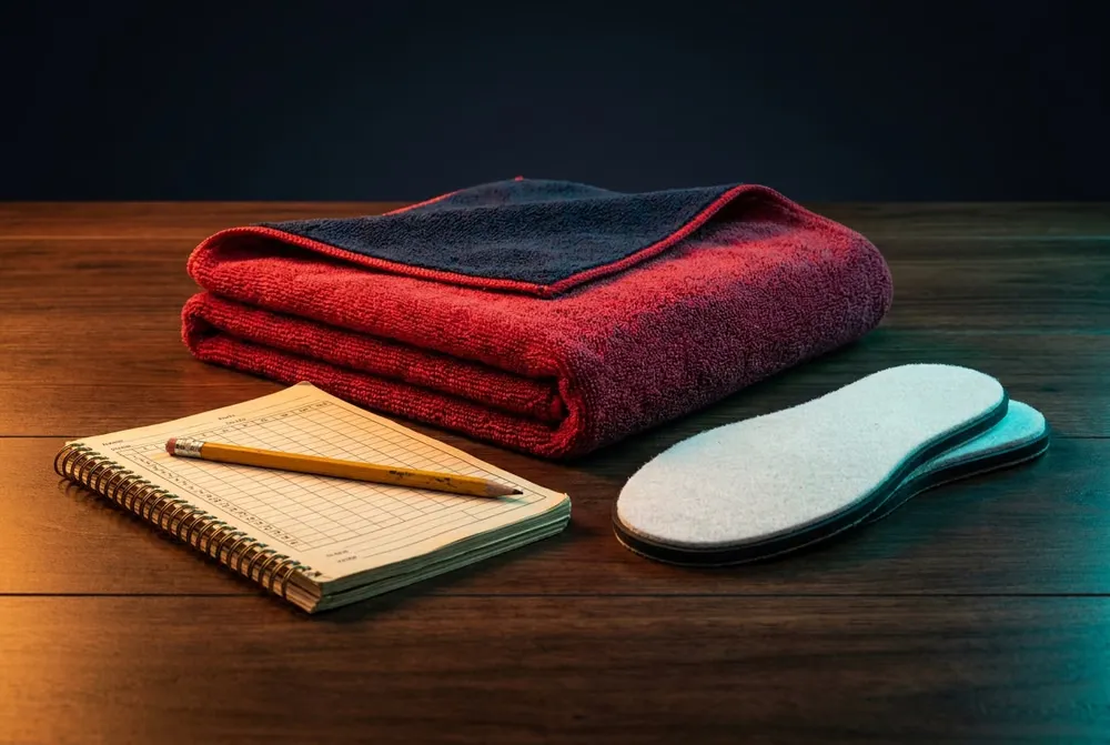 A folded red bowling towel, score book, pencil and shoe slider