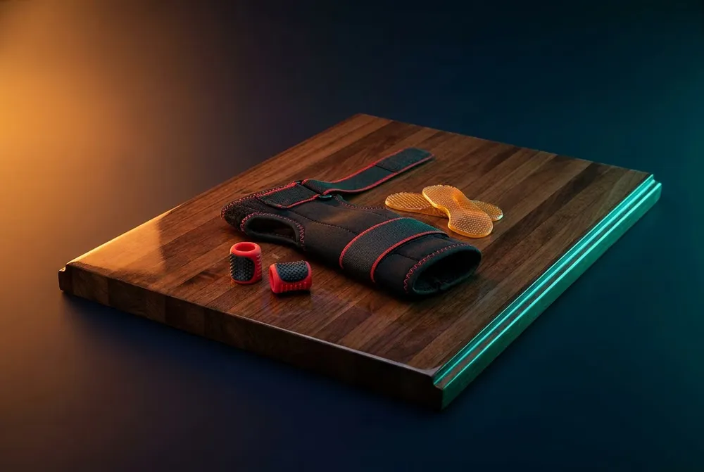 A black wrist support brace and rubber grips on lane wood