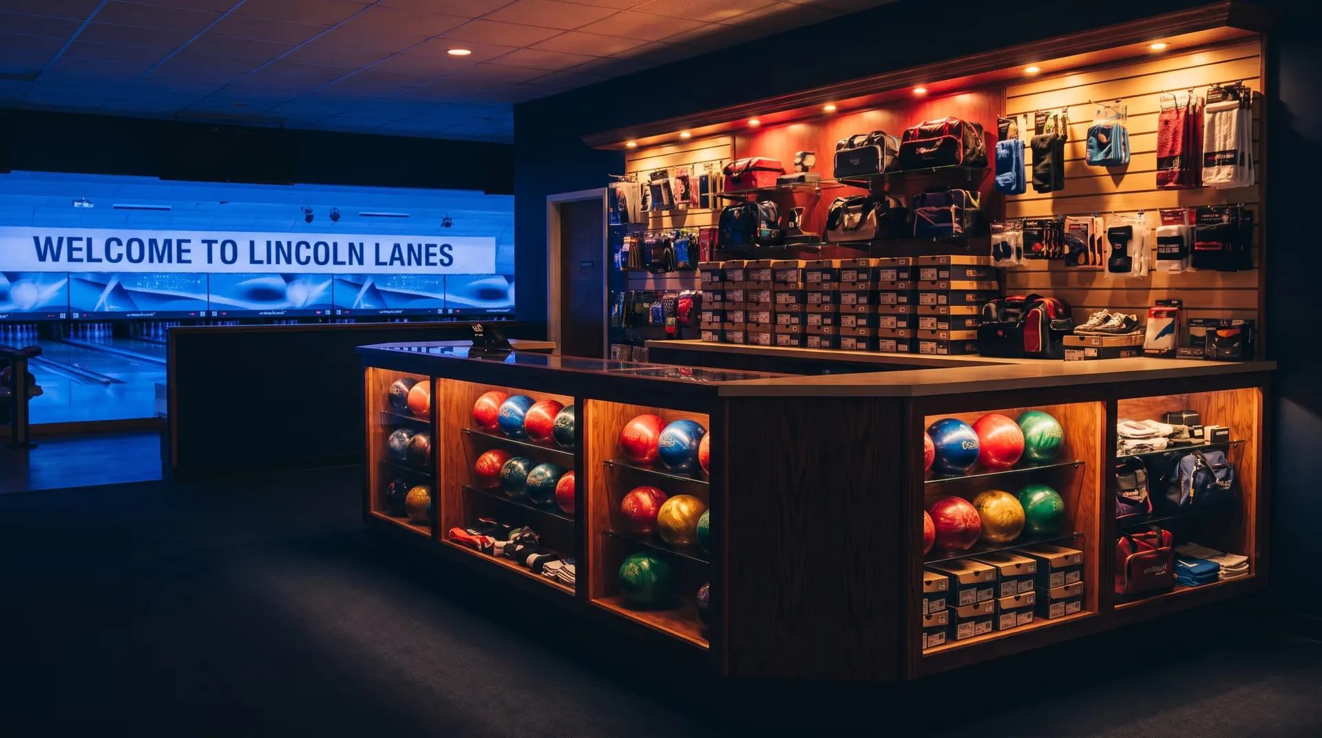 The in-house pro shop counter stocked with bowling balls, shoes and bags at Lincoln Lanes