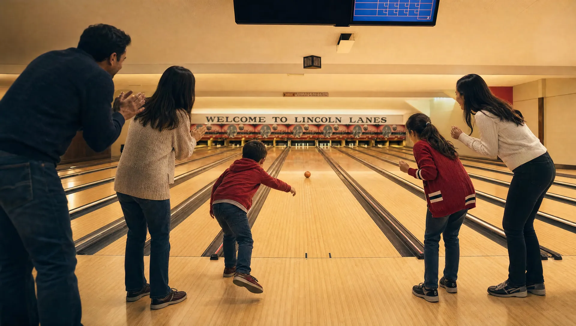A child rolling a five-pin ball down the maple lanes while family cheers, beneath the Welcome to Lincoln Lanes sign