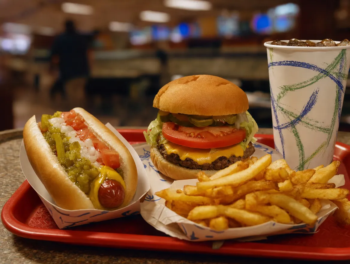 A fully-dressed hot dog, cheeseburger and fries on a red tray at the Lincoln Lanes snack bar